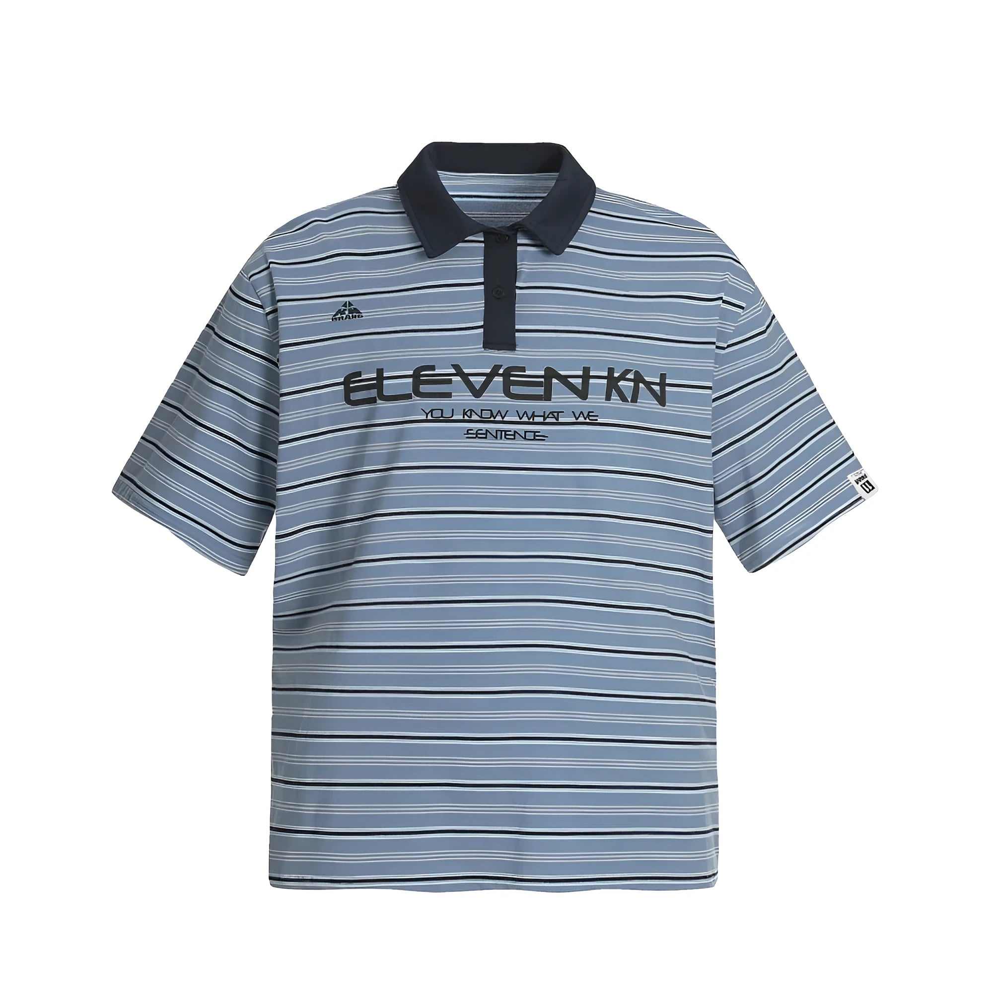 Blue stripe loose-fit cotton short-sleeved polo shirt on a hanger
