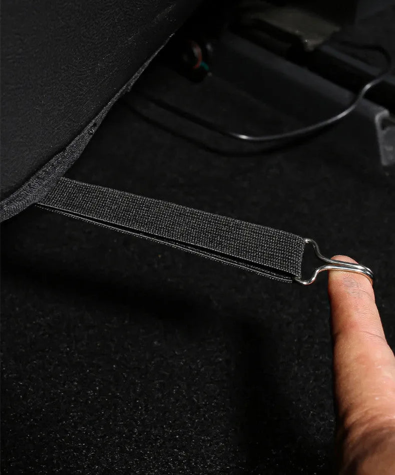 Black leather car seat anti kick pad with pocket measuring 68cm by 42cm