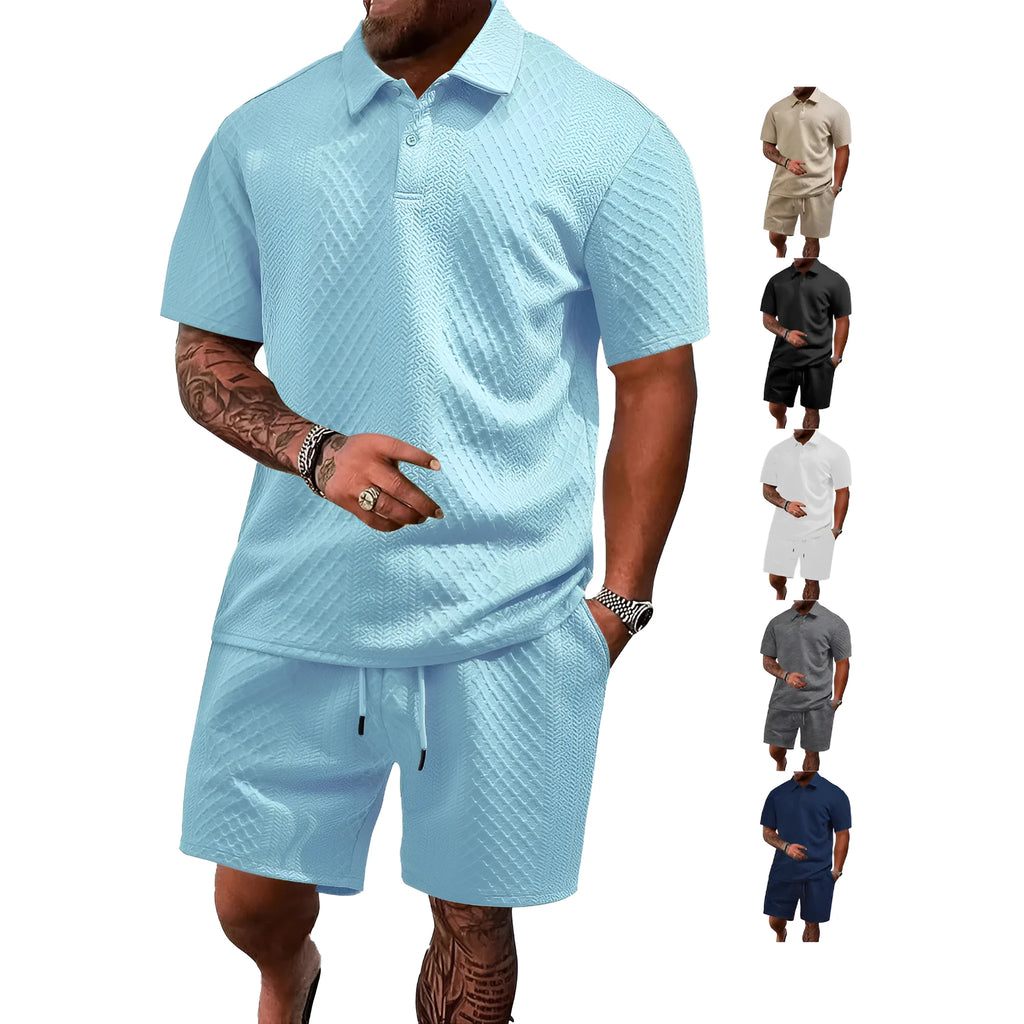Men's patterned polyester casual suit with short sleeve polo top and pants in multiple colour options