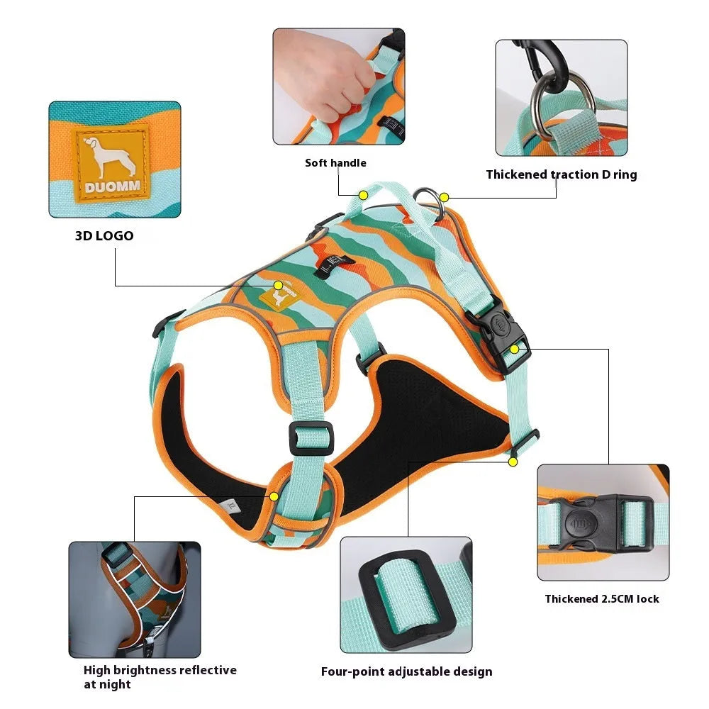 Reflective orange dog chest and back harness lead with hand-holding rope on Oxford cloth material.