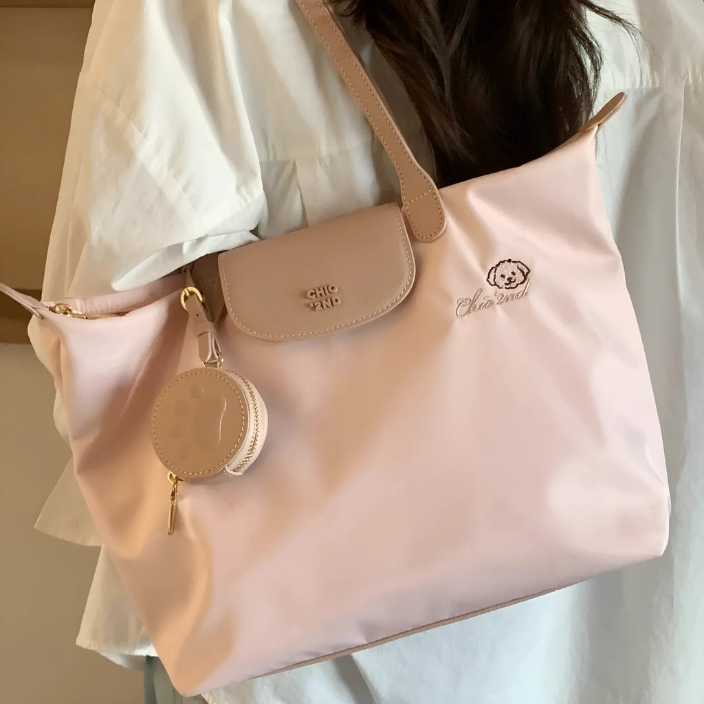 Pink Oxford cloth tote bag with sandwich pocket and mobile phone compartment
