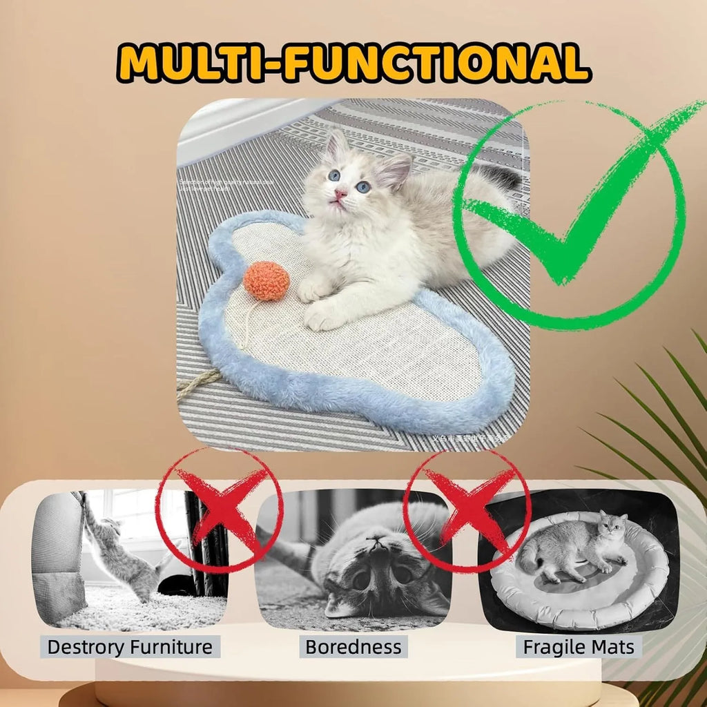 White wall-mounted cat scratching mat with natural sisal surface and sleeping cat cartoon design