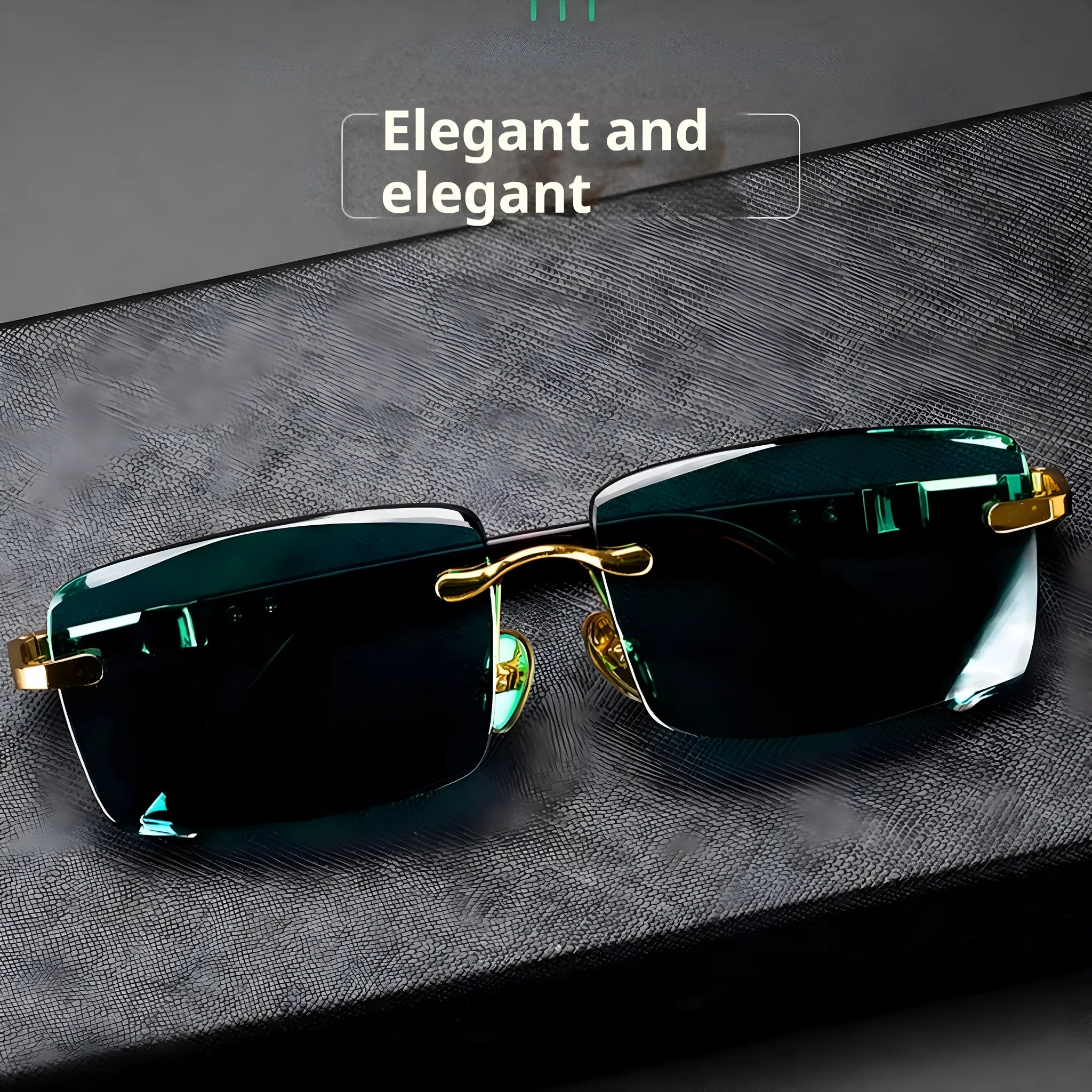 Dark green frameless crystal sunglasses inside a hard case with a cleaning cloth.