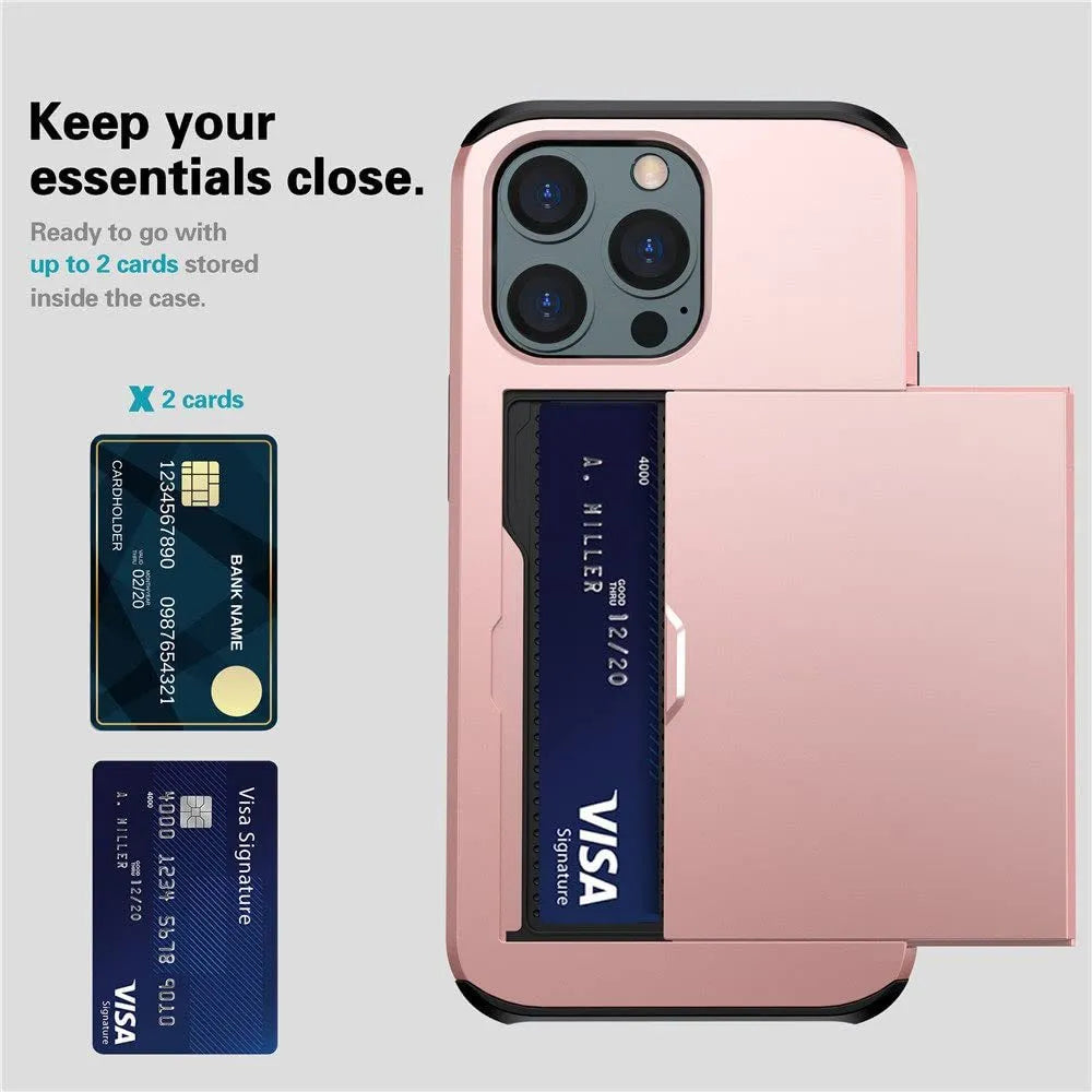 Sliding cover wallet mobile phone case in matte finish showing integrated card slot.