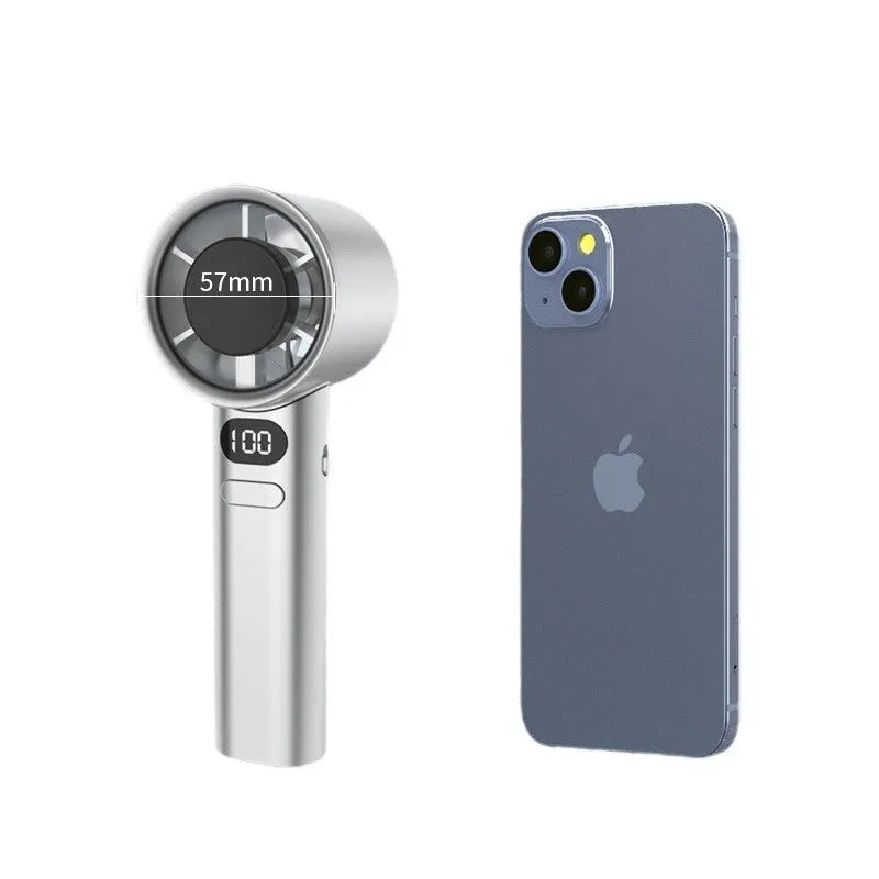 Compact handheld fan with 120 speeds and brushless motor available in green khaki silver and white