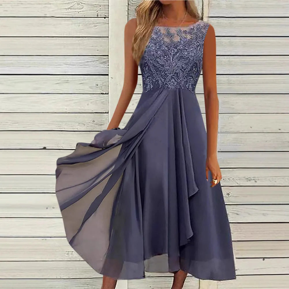 Women's sleeveless chiffon dress with stitching lace hollow-out design in green colour