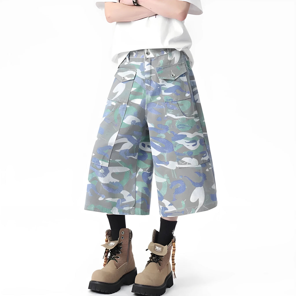 Denim camouflage cropped trousers with straight leg and front pocket workwear design