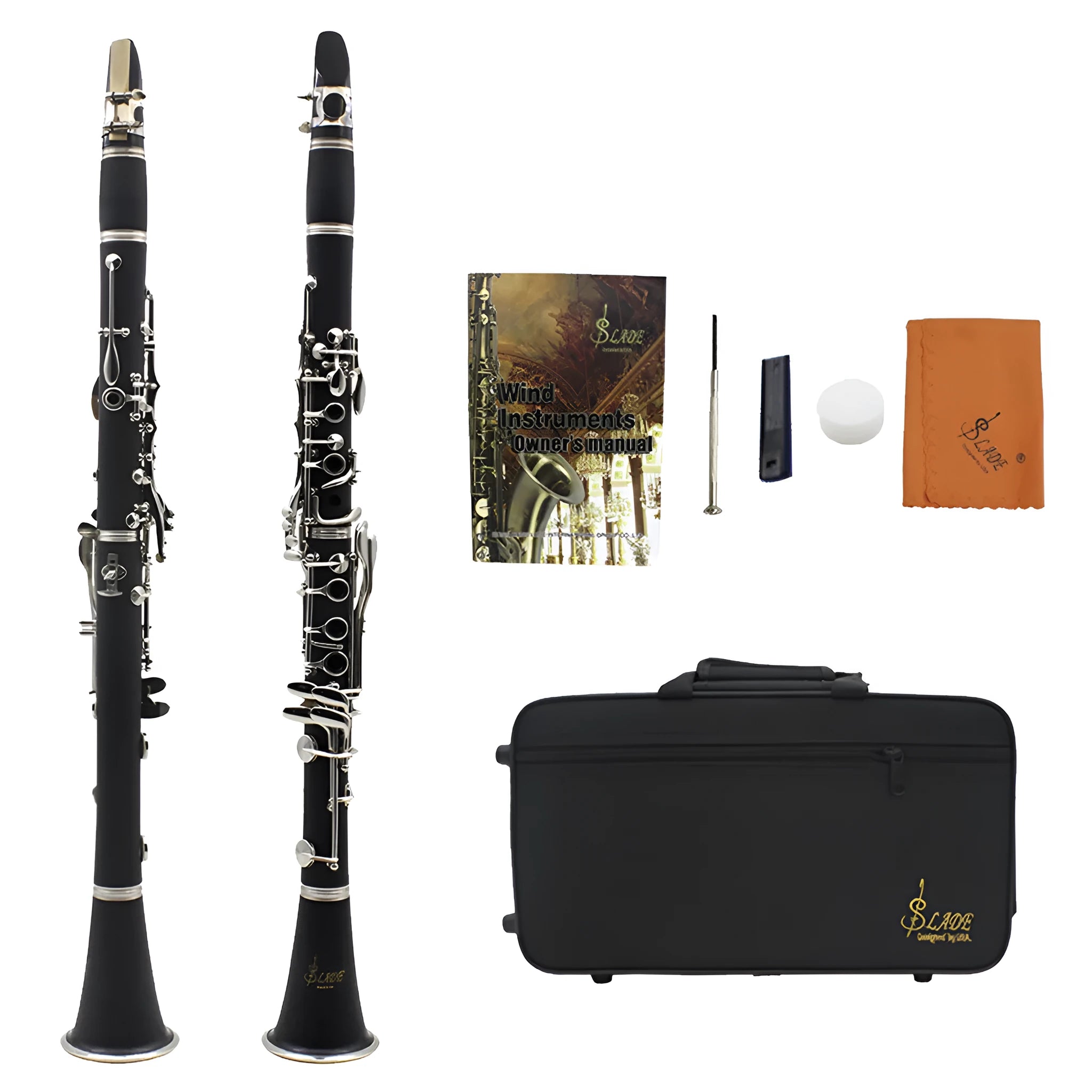 Black bakelite clarinet with 17 nickel-plated keys and carrying case for beginners