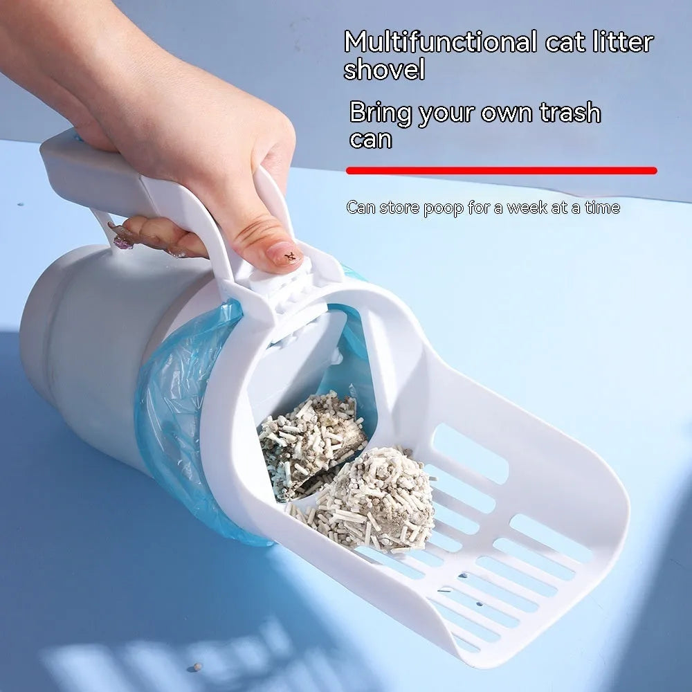 Grey cat litter scoop with refill bags showing 2-in-1 design for waste collection