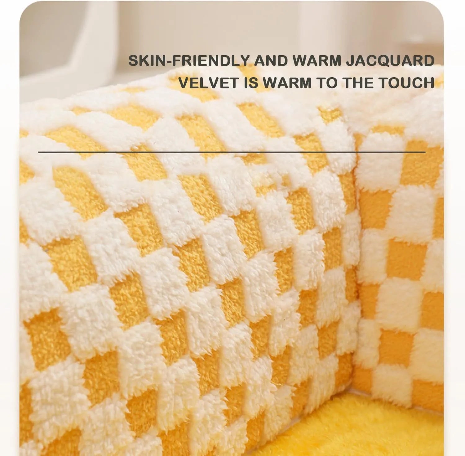 A plush fan-shaped dog and cat bed with an integrated tunnel, shown in a yellow plaid design.