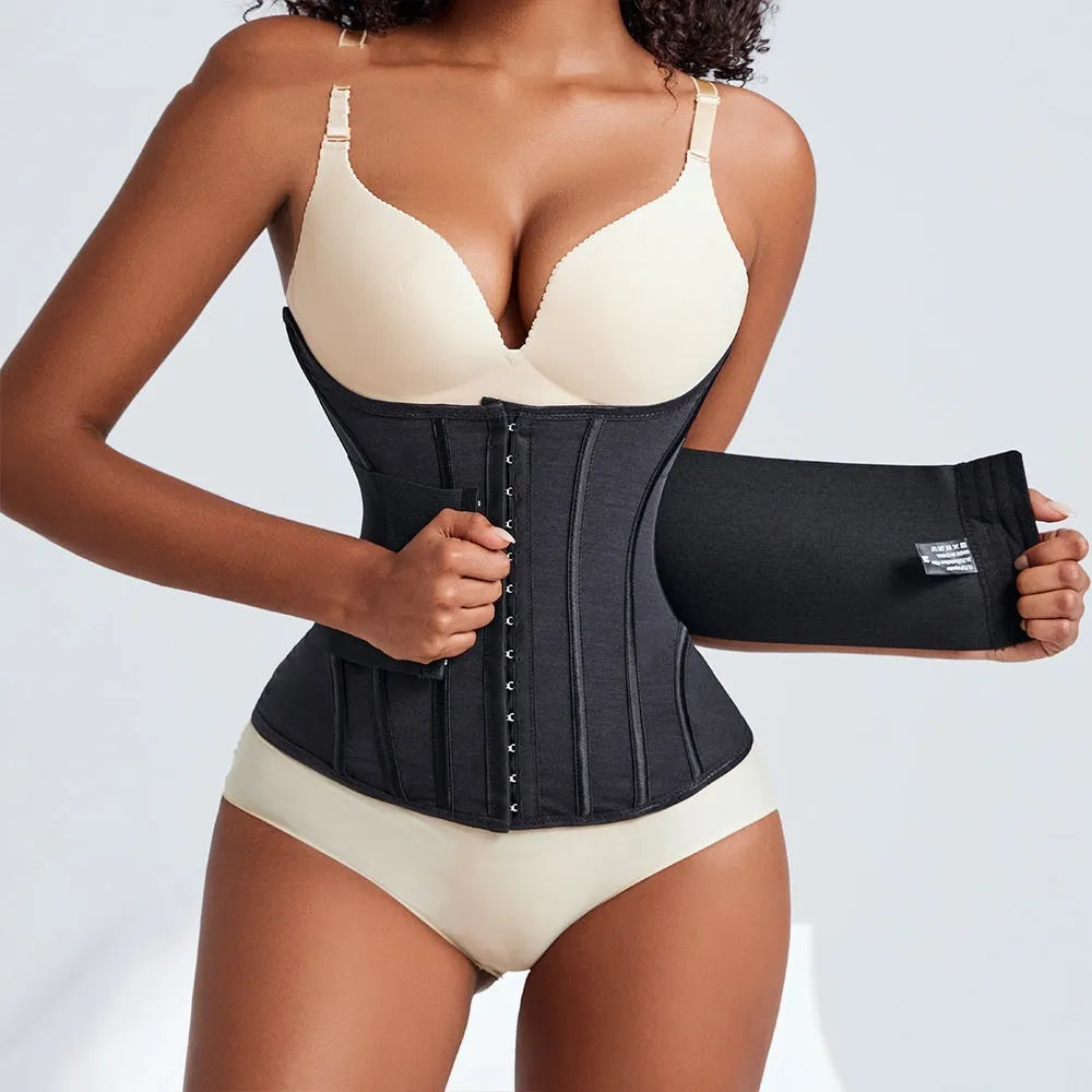 Nylon waist trainer belly band in black and apricot colours with belt tie