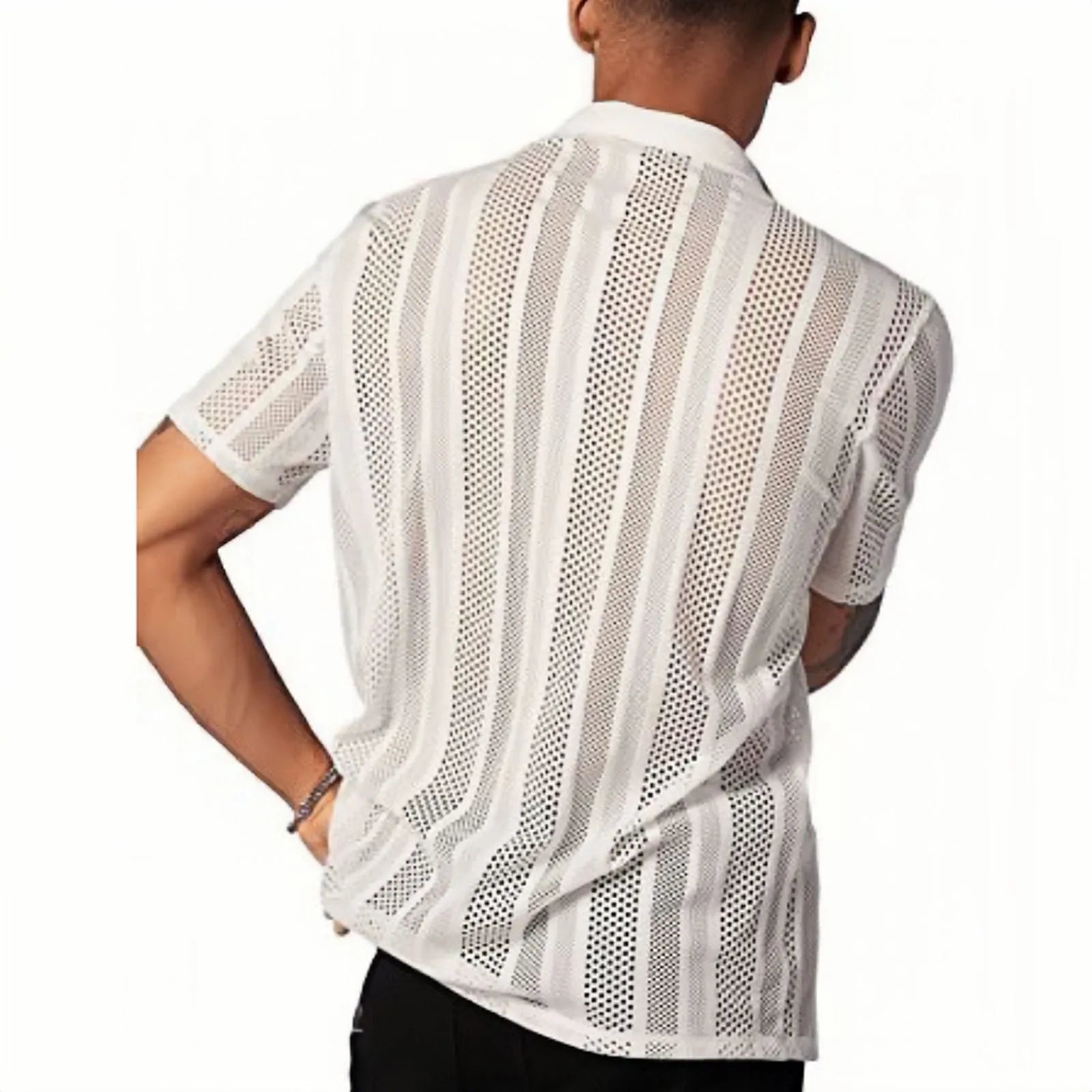 Men's black knitted short-sleeved shirt with jacquard texture and button front in cardigan style