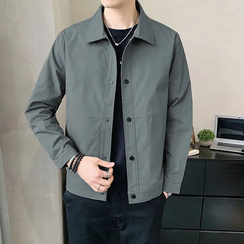 Men's single-layer Korean style jacket in black, blue gray, green gray, and light gray with long sleeves