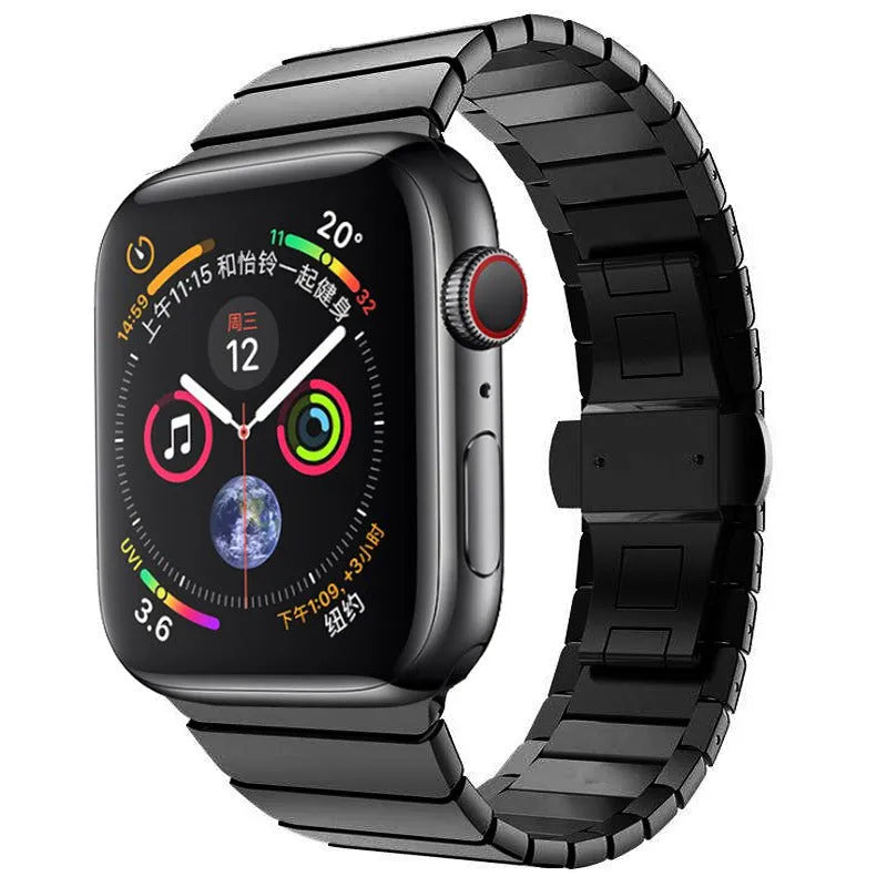 Silver metal Apple Watch band with butterfly clasp on a 40mm watch case.