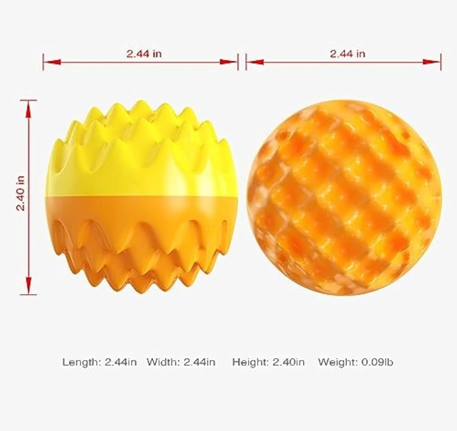 Blue and orange durable rubber squeaky dog ball with spiky texture for teeth cleaning.