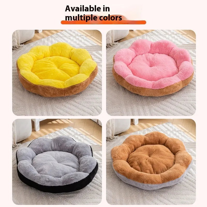 Round rabbit plush pet bed with removable cloth cover in brown gray colour, showing raised sides and nest design