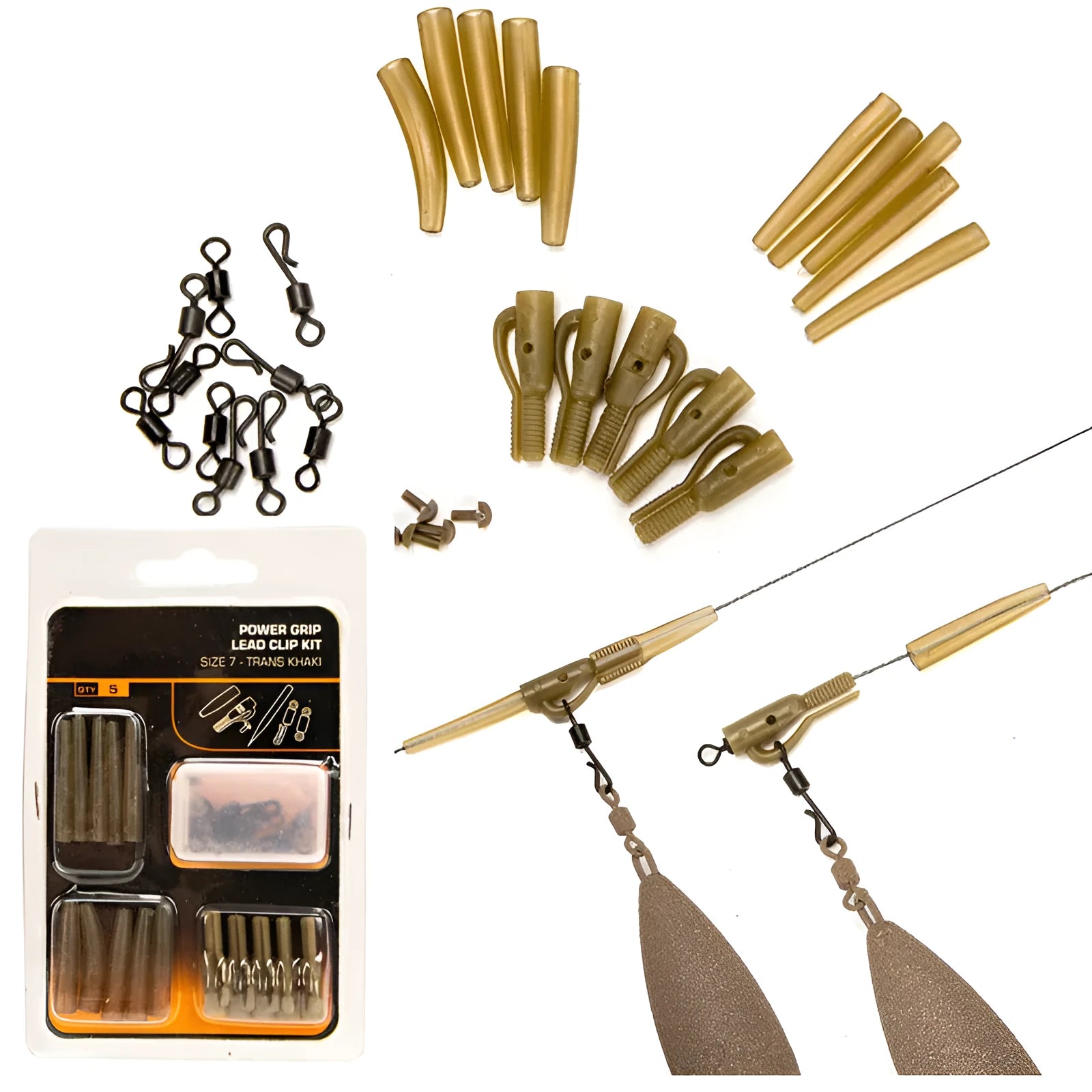 European carp fishing 30 piece accessory set showing anti-winding pipes, threaded hoses, rotations, and screws