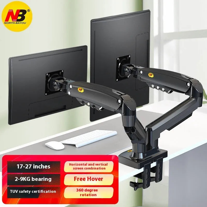 Dual monitor desk mount bracket in black or white with height adjustment mechanism