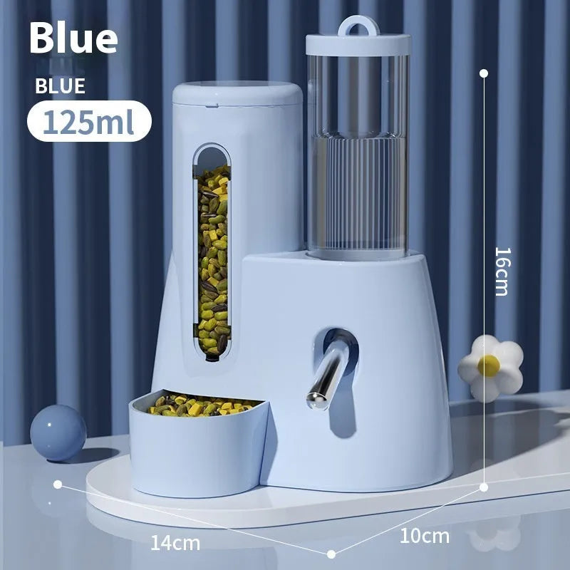 White, blue, and pink hamster automatic water feeder and food basin for cage.