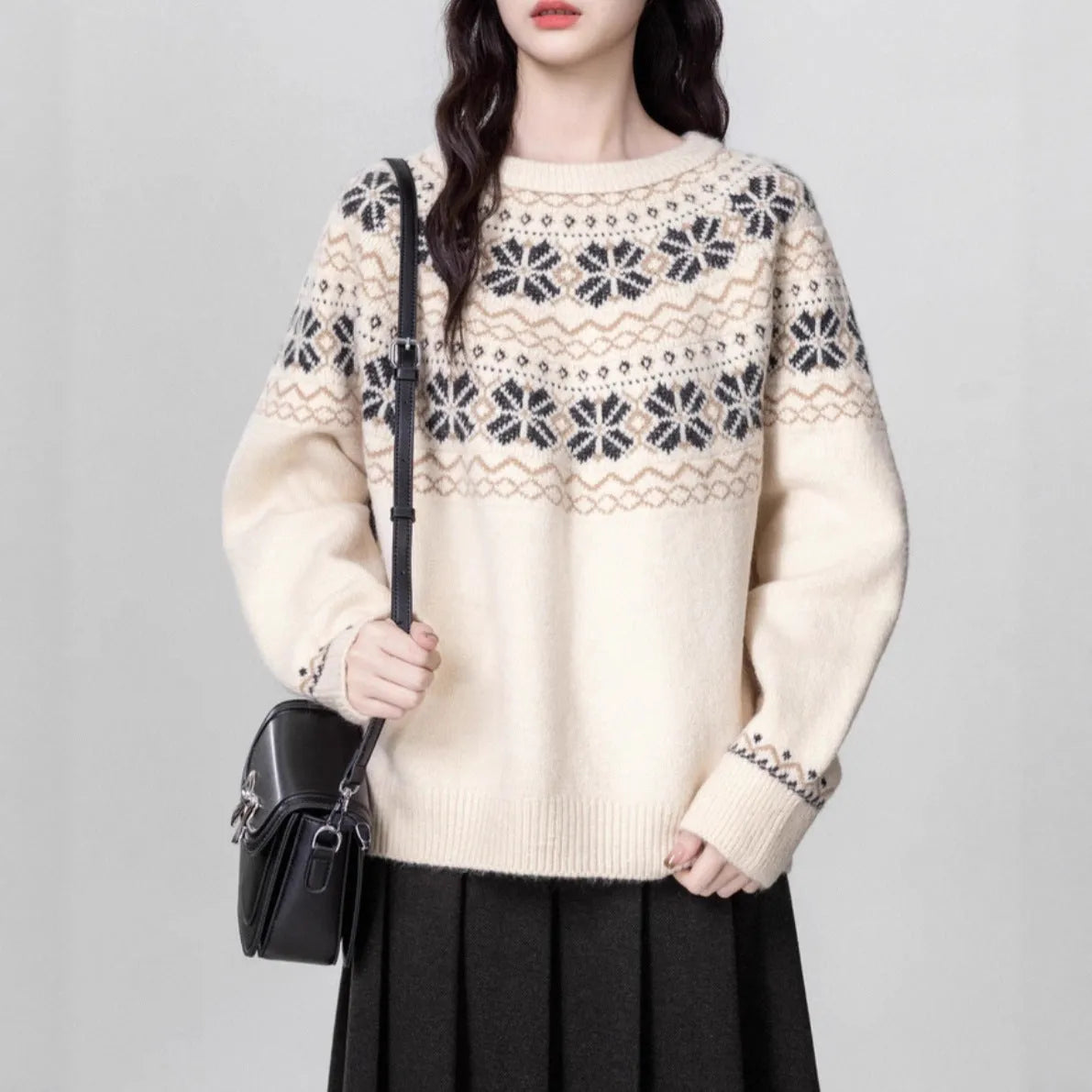 Women's Milky White geometric pattern pullover sweater with long sleeves and crew neck.