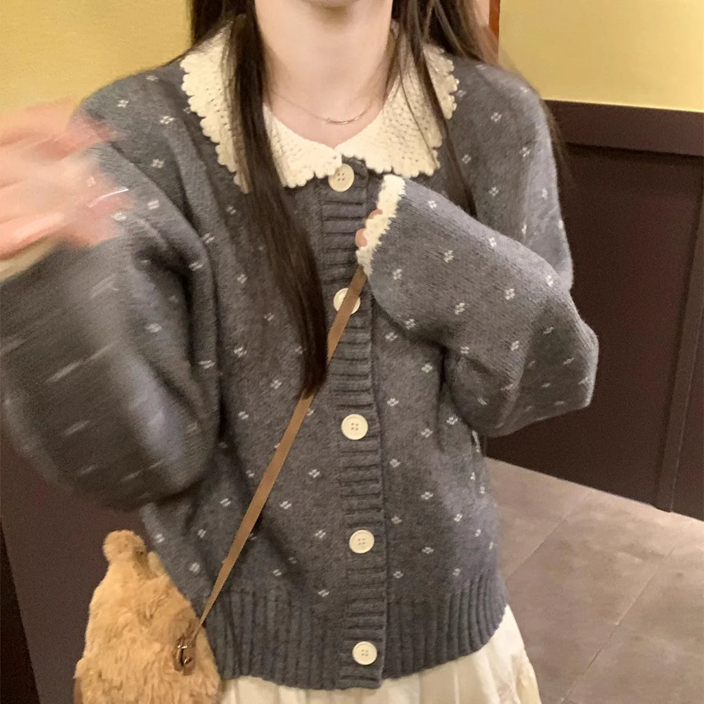 Retro Peter Pan collar floral pattern knitted cardigan coat in navy blue colour