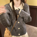 Retro Peter Pan collar floral pattern knitted cardigan coat in navy blue colour