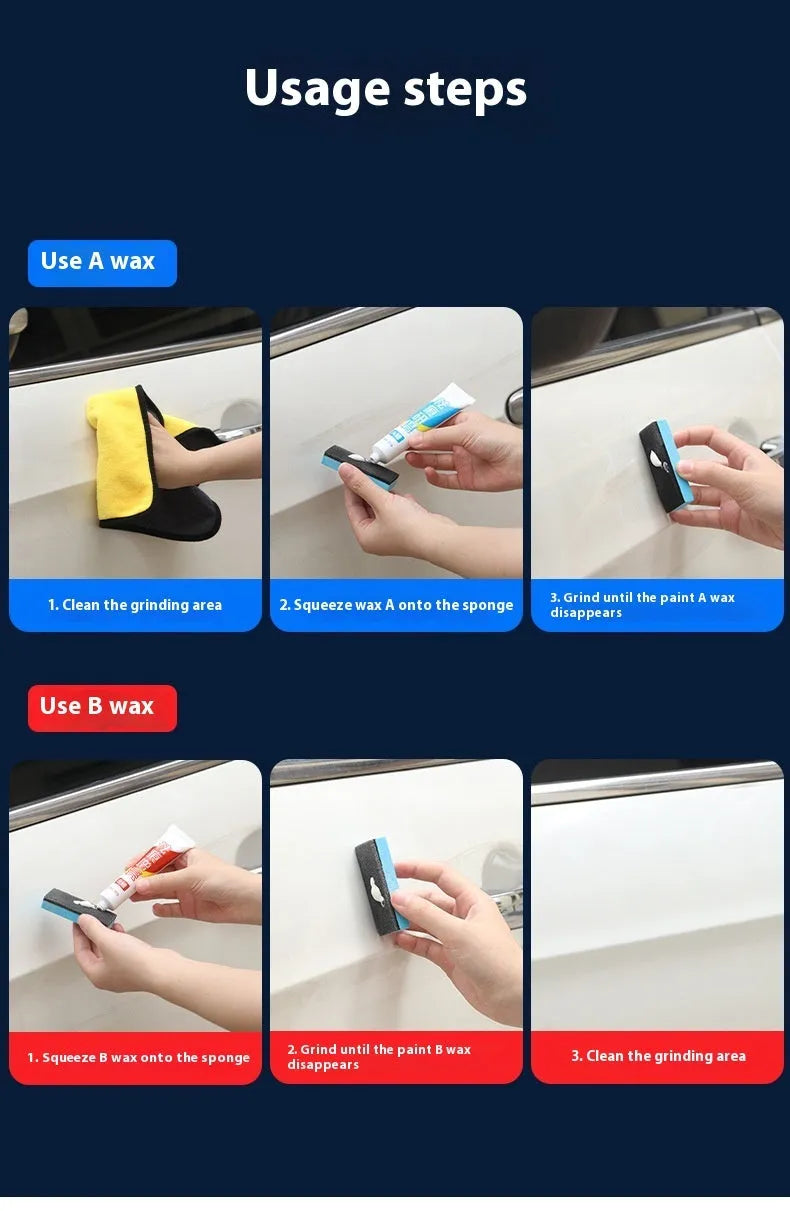 Car repair wax polishing kit with A and B wax containers and frosted sponge mop for scratch removal