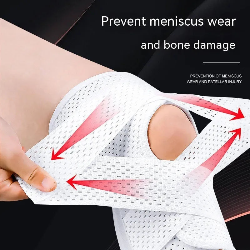 Black and white mesh fabric knee protective sleeve for injury recovery during sports.