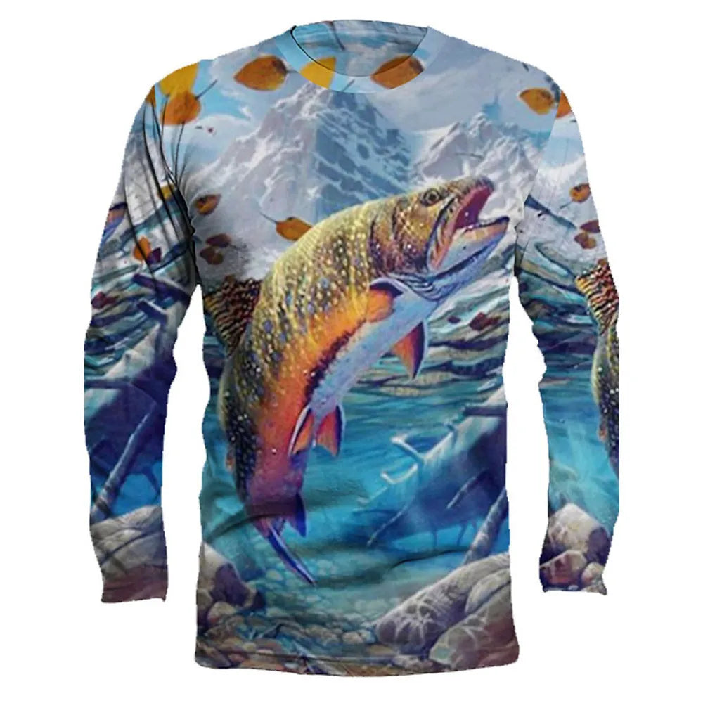 Men's long-sleeved pullover top with a printed fish motif on the front.