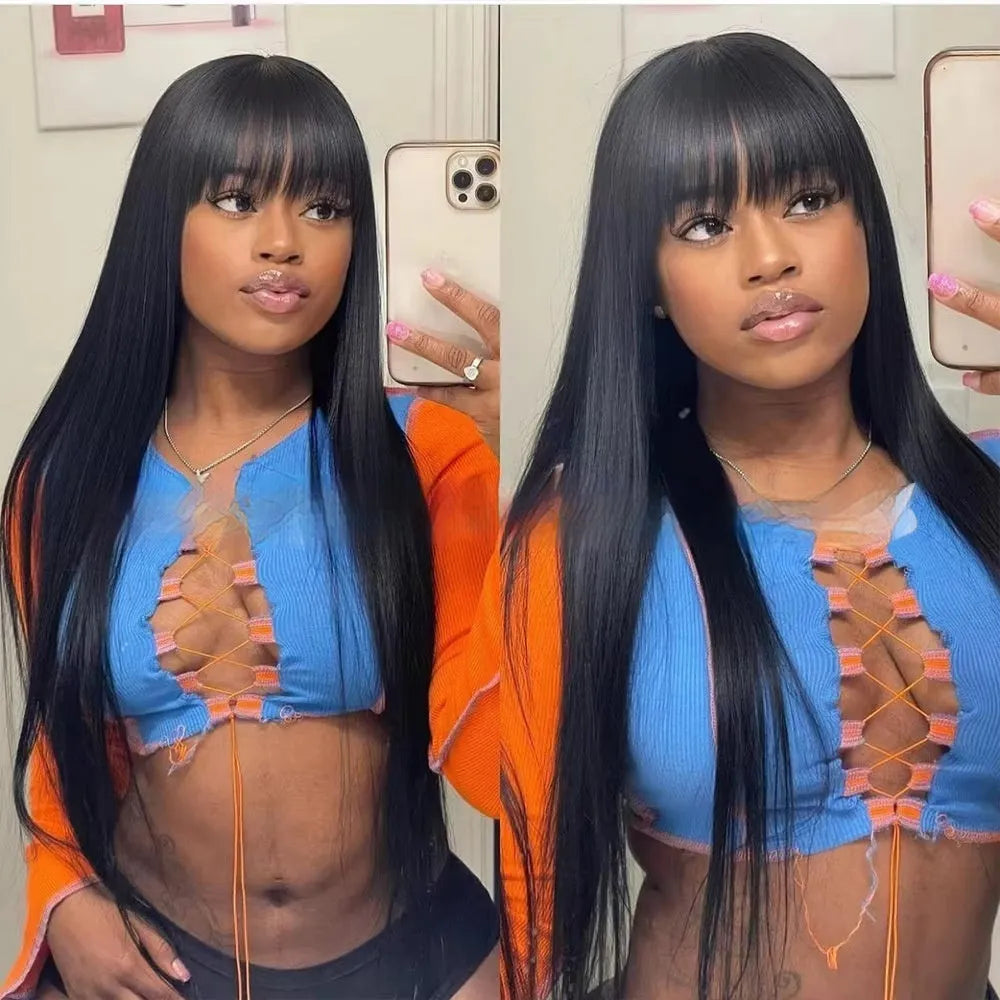 Natural colour human hair straight fringe wig with full-mechanism headgear on display