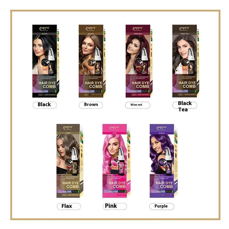 Bottle of permanent hair dye with comb applicator brush in brown, dark brown or wine red colour.