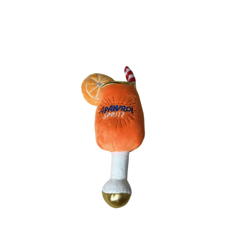 Yellow plush wine glass shaped squeaky dog toy measuring 7cm tall
