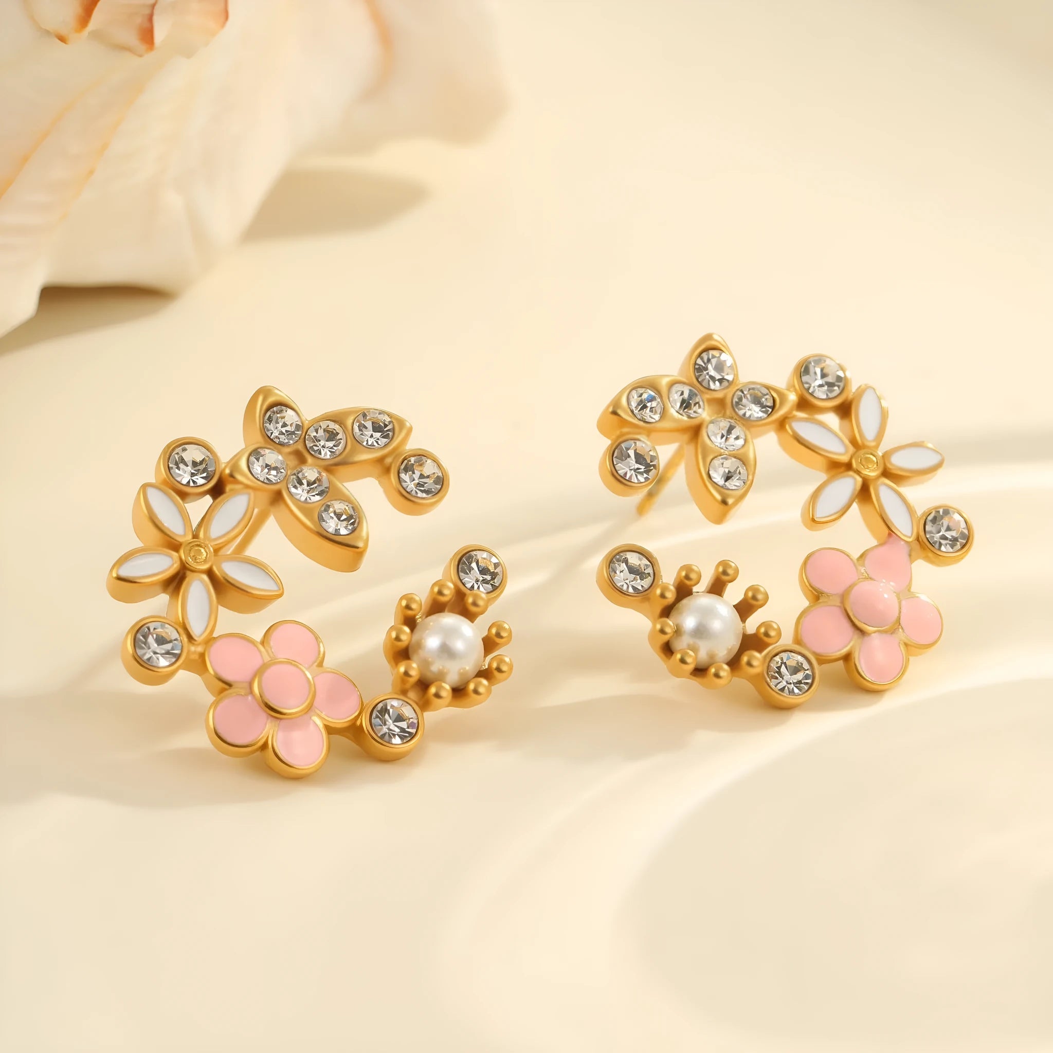 Flower stud earrings with colourful oil diamond petals on stainless steel with 18K gold electroplating