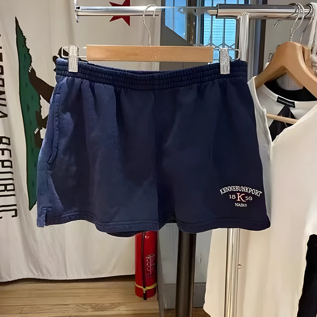 Women's dark blue cotton high-top sports hot pants with white flag embroidery and free-size fit