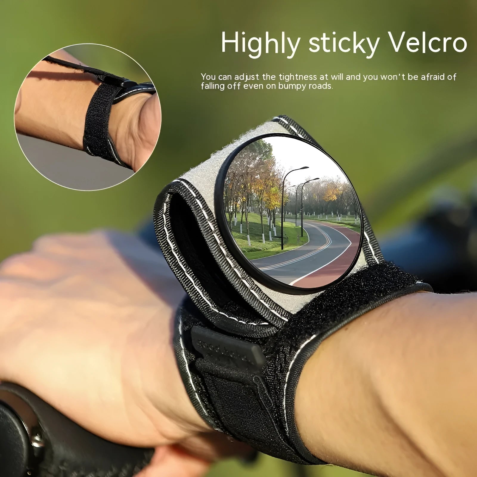 Black wrist-mounted bicycle rear-view mirror showing nylon construction and adjustable viewing angle