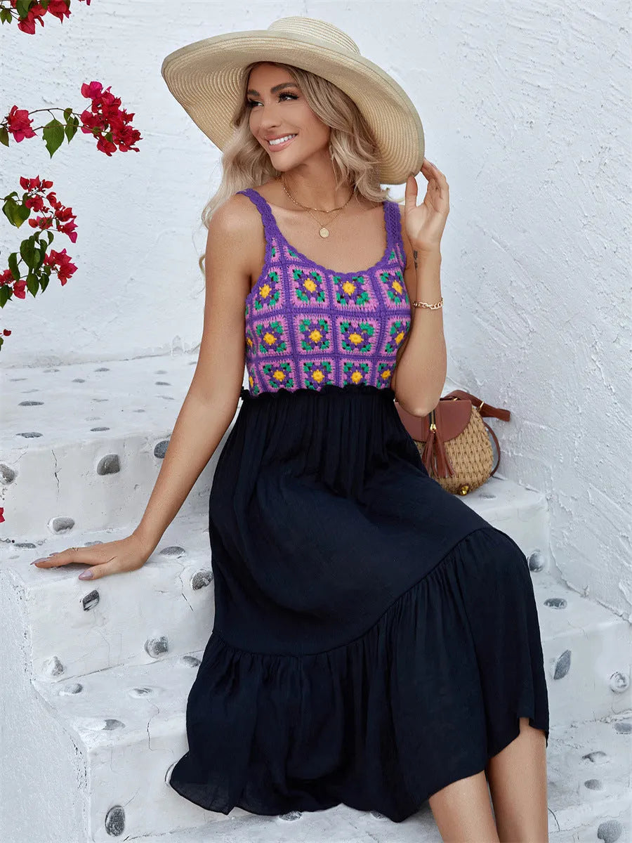 Purple sleeveless dress with hand-hooked floral stitching pattern on cotton blend fabric