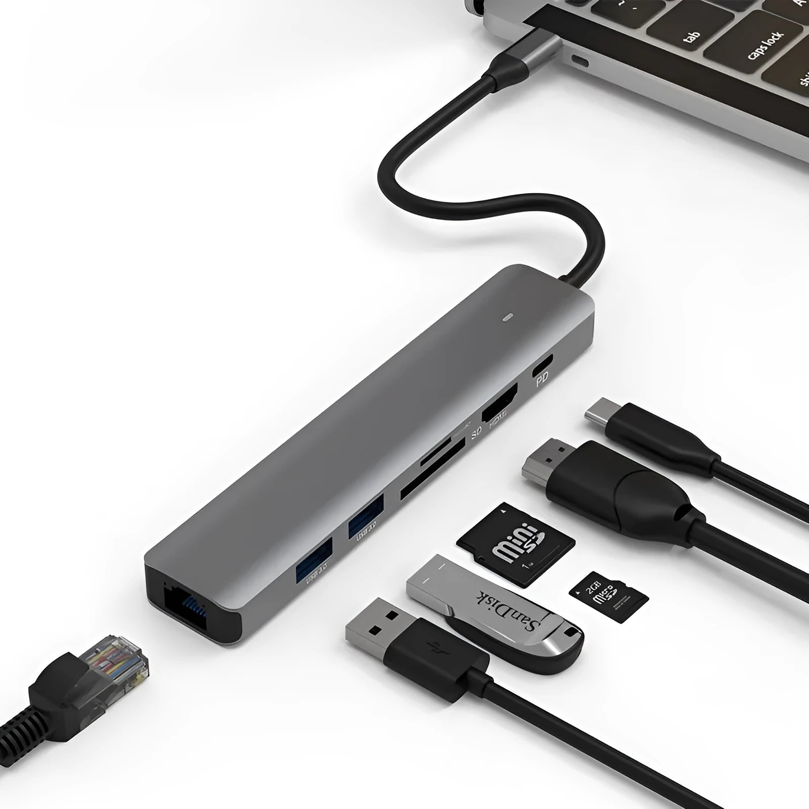 LQT-LH07 7-in-1 portable USB hub and memory card reader for computer connectivity