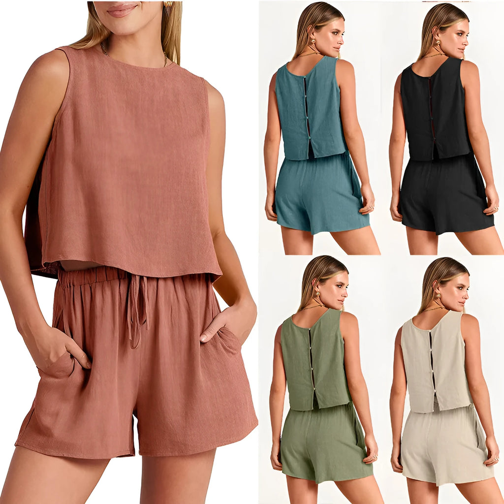Women's sleeveless top and drawstring shorts summer outfit set in a solid colour.