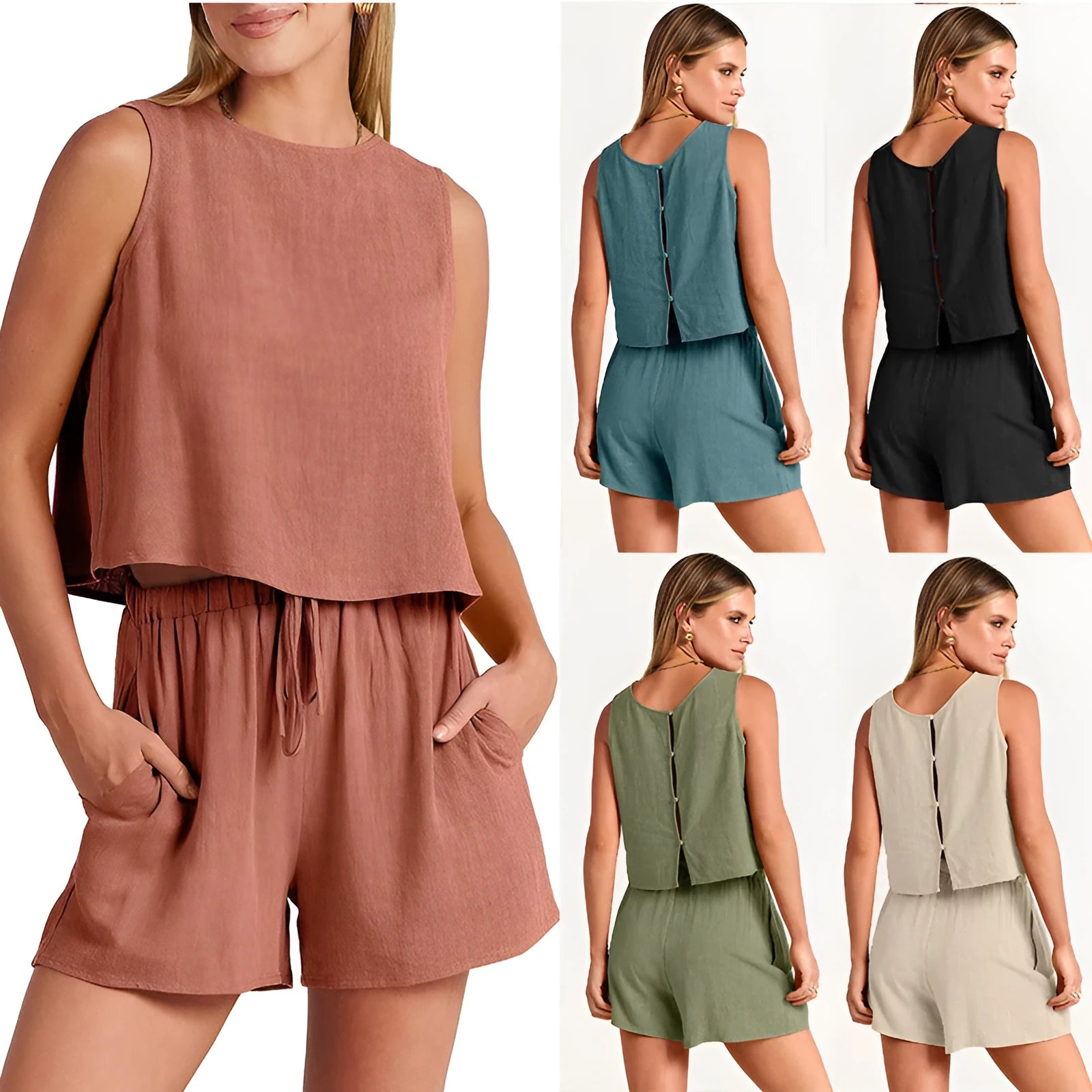 Women's sleeveless top and drawstring shorts summer outfit set in a solid colour.