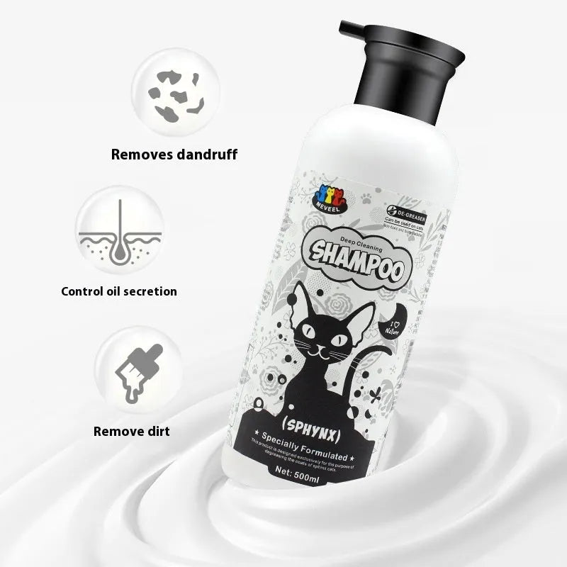 500ml cat shower gel bottle for anti-mite sterilization and degreasing, with 280ml black chin oil deoiling lotion for cats