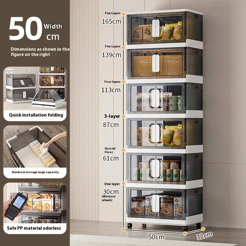 Foldable household storage locker with wheels in white or grey, showing shelf layers and door.