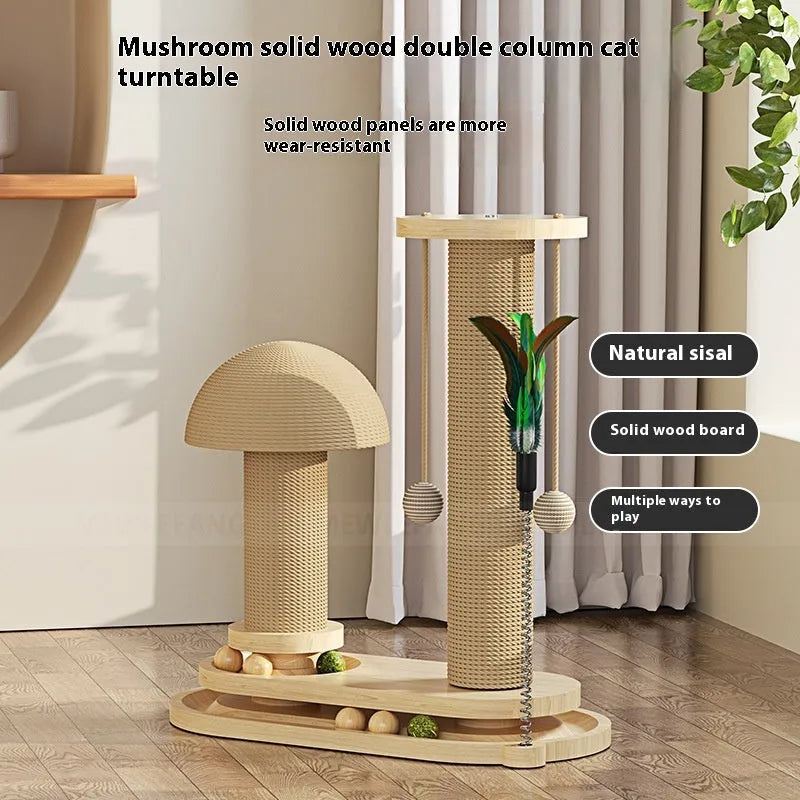 Solid wood cat scratching post with turntable and climbing elements for indoor feline exercise