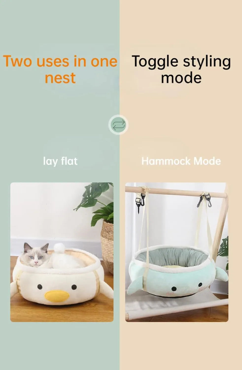 Green dinosaur shaped cat bed with hanging straps shown both flat and as hammock