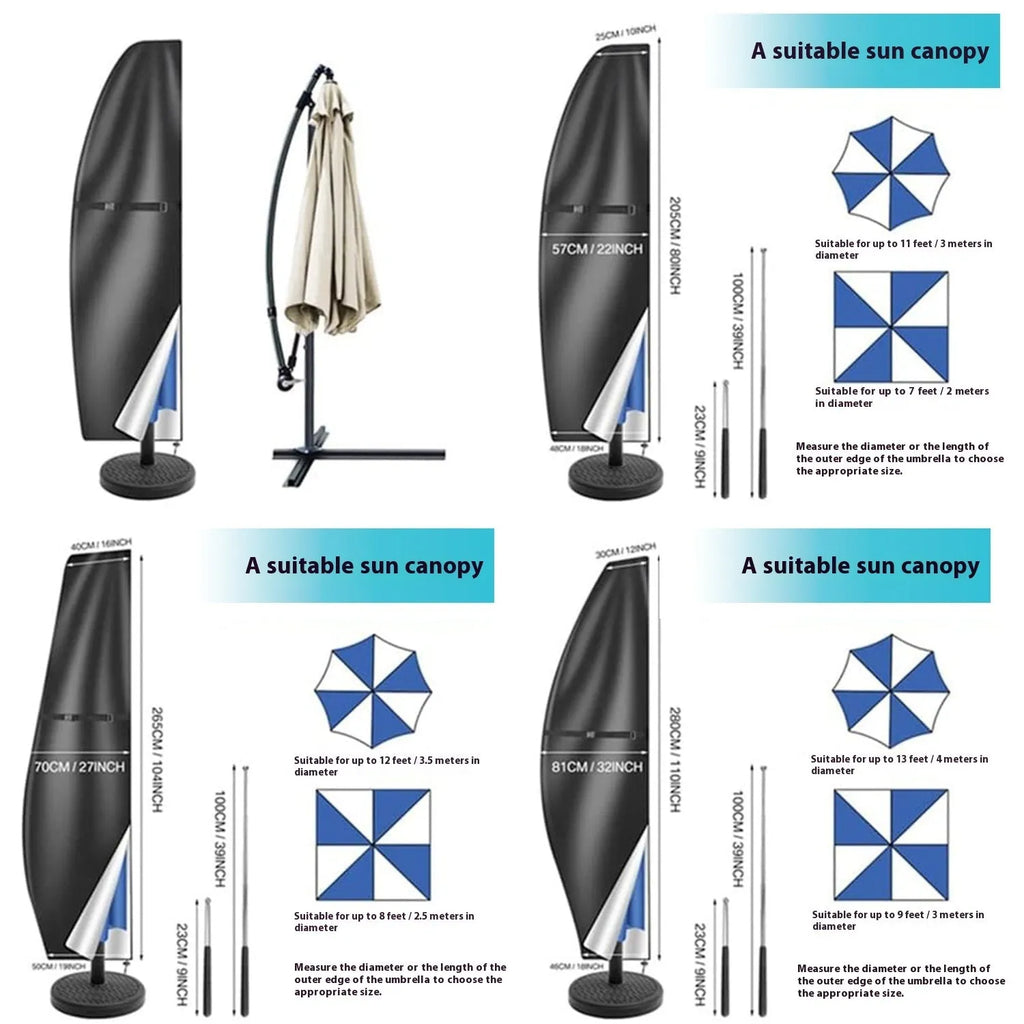 Black and grey Oxford cloth cover for an offset banana-shaped garden umbrella.