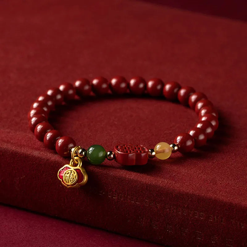 Emperor Sandstone cinnabar bracelet with fu character design in New Chinese style