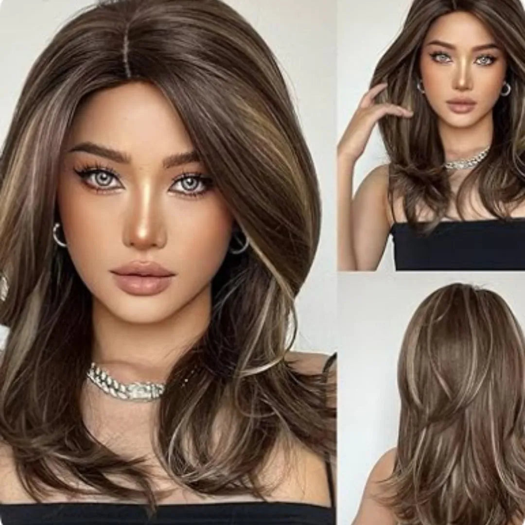 Mid-length platinum gradient colour full-head wig with long curly hair and bangs