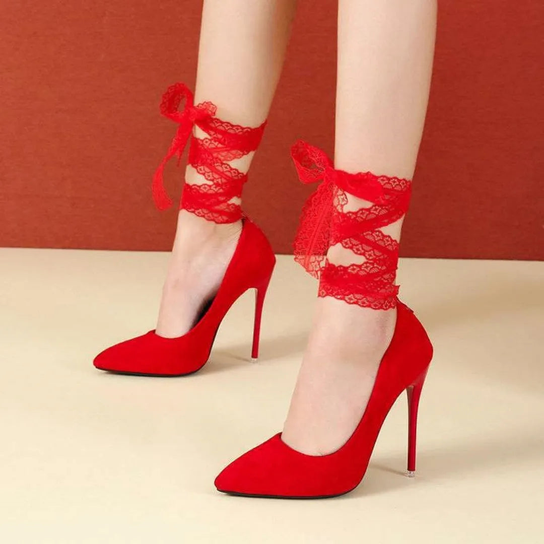 Women's black pointed toe platform heels with shallow mouth design and fabric strap