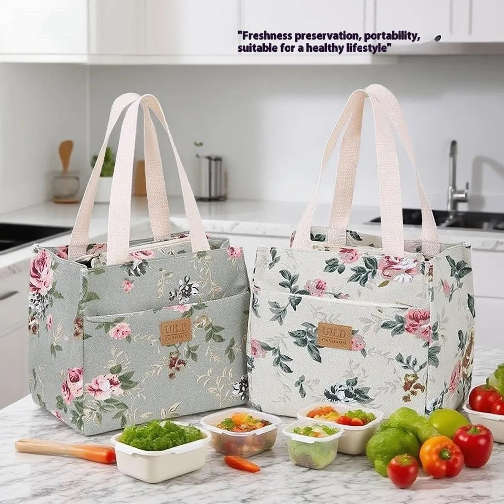 Women's large canvas handbag with aluminium base showing floral print option