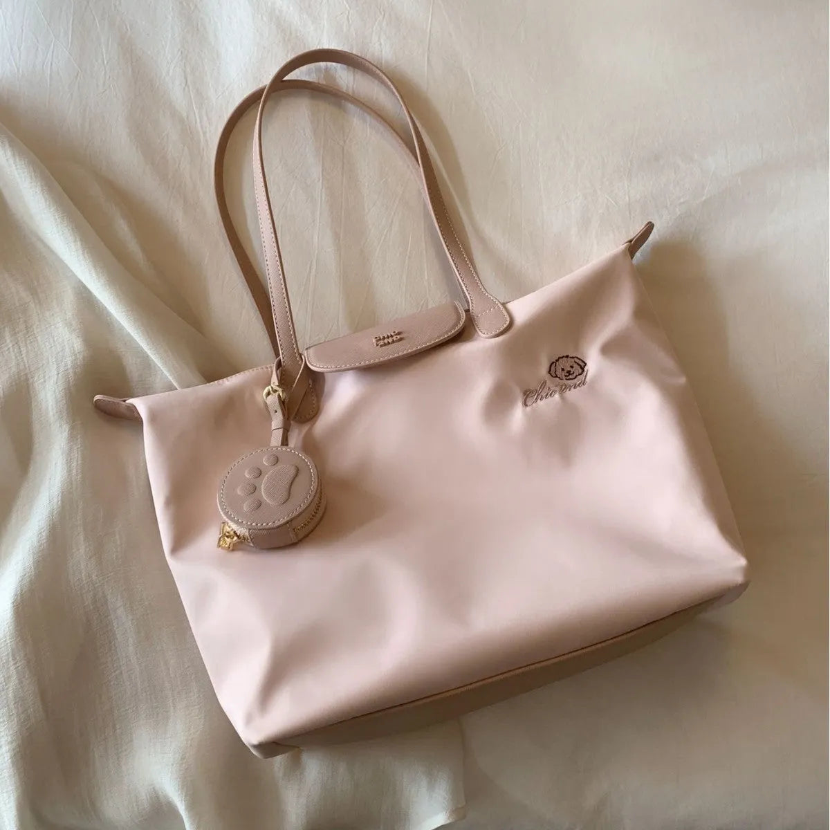 Pink Oxford cloth tote bag with sandwich pocket and mobile phone compartment
