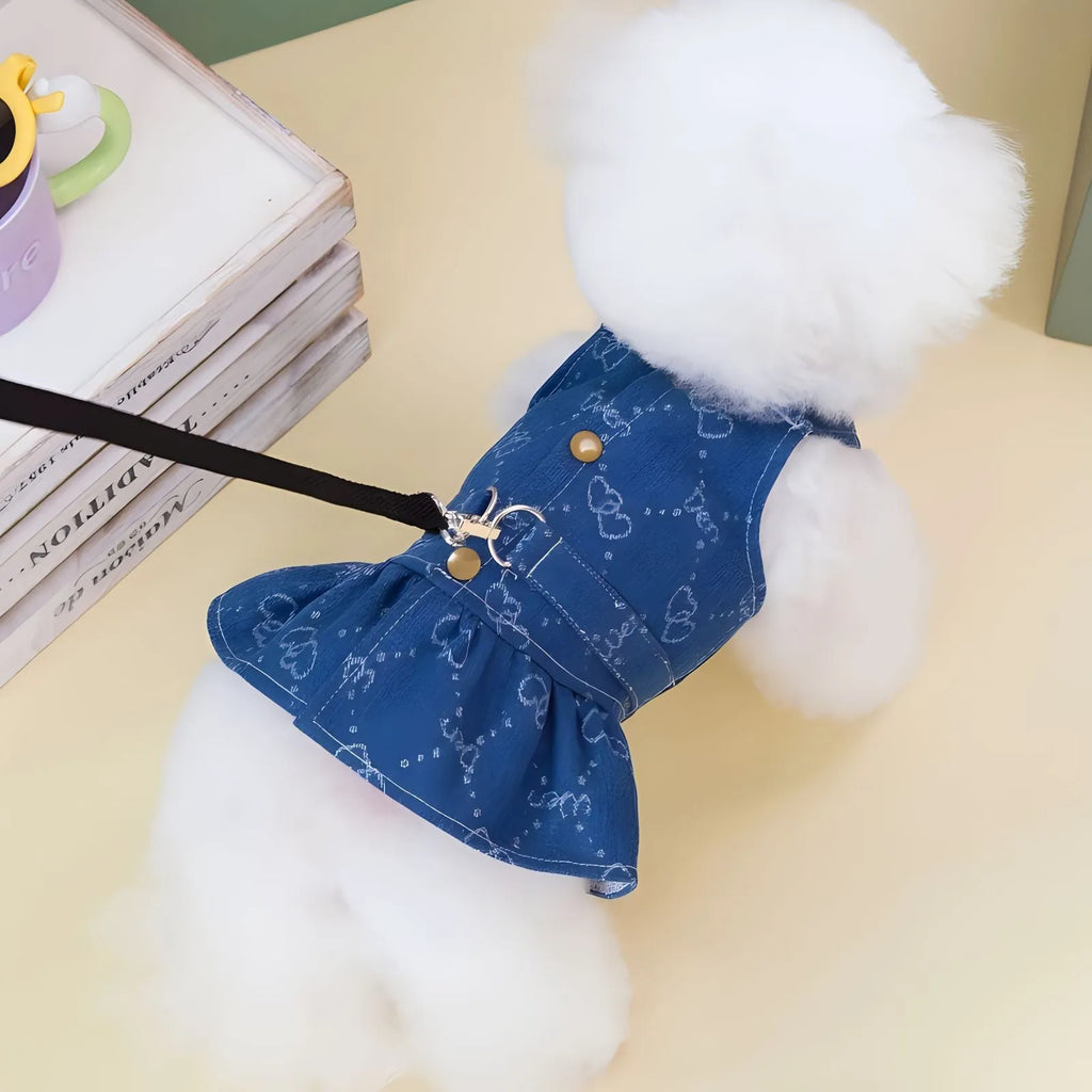 Teddy Bichon dog wearing a thin HNXD denim princess dress with a bracket skirt design.